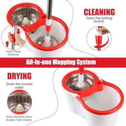 Spin Mop and Bucket with Wringer Set, 6 Microfiber Mop Heads, 61" Handle - color: White