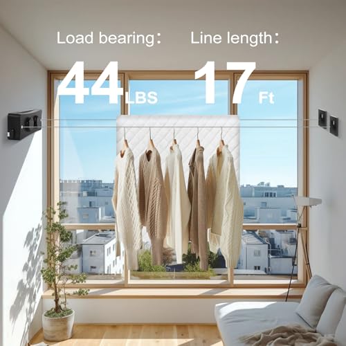 17Ft Retractable Clothesline Indoor/Outdoor, Comes with 40 clothespins, Anti-Sag for Drying Clothes line retracting Indoor/Outdoor, Dual-Line with Each Line 17Ft Long Laundry line Retractable - style: Black