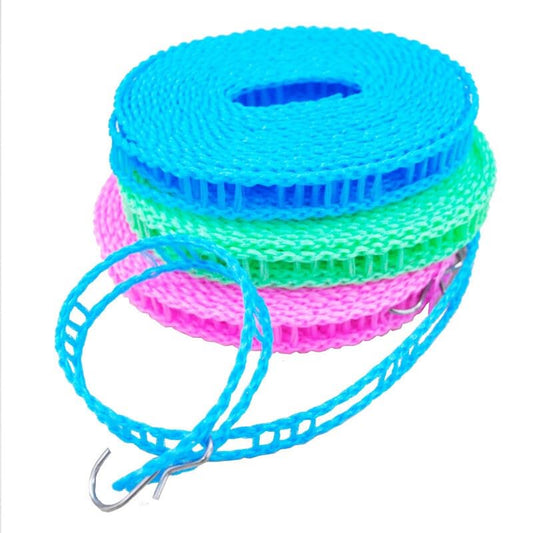 3 Pack Windproof Clothesline with Hooks, Clothesline Nylon Material (5 m/197 in) Sturdy and Durable, Indoor and Outdoor Laundry, for Outside Camping & Travel (Blue/Pink/Green)