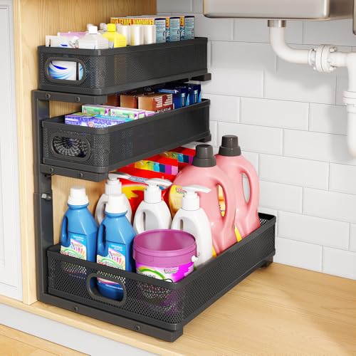 Under Sink Organizer, 3-Tier Thickened Metal Pull out Cabinet Organizer Shelf, Height Adjustable Slide out Storage Drawer Rack for Kitchen Bathroom Pantry Laundry Home Organization, 1-Pack, Black - color: Black, size: 1-Pack