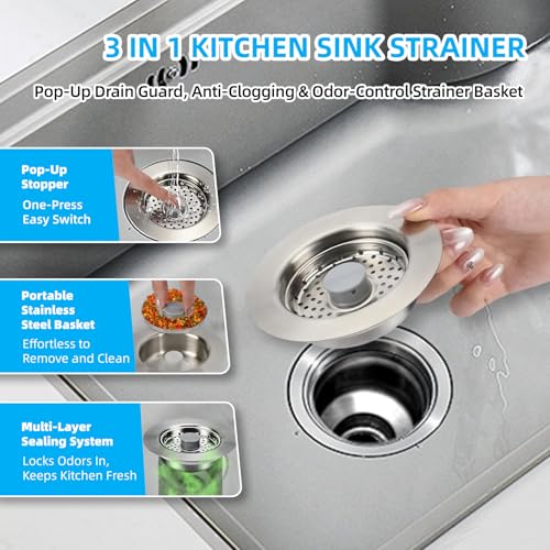 Sink Drain Strainer - Kitchen Sink Stopper, 3 In 1 Kitchen Sink Drain Strainer with Anti-Clogging Basket, Fit US Standard 3-1/2'' Sink Hole - color: Sliver