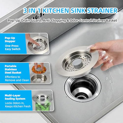 Sink Drain Strainer - Kitchen Sink Stopper, 3 In 1 Kitchen Sink Drain Strainer with Anti-Clogging Basket, Fit US Standard 3-1/2'' Sink Hole - color: Sliver