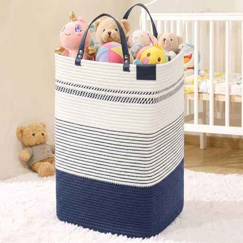 danpinera 100L Nursery Hamper, Tall Woven Laundry Basket with Long Leather Handles, Boho Laundry Hamper for Living Room, Eco-friendly & Convenient Decorative Storage Basket, White & Navy Blue - color: White & Navy Blue, size: 100L Square