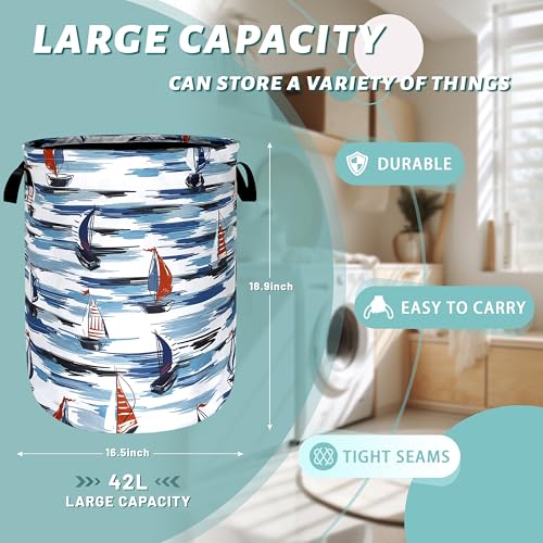 Blue Seafaring Theme Print Laundry Basket Oxford Cloth Hamper 18.9x16.5Inch - color: Blue Seafaring Theme