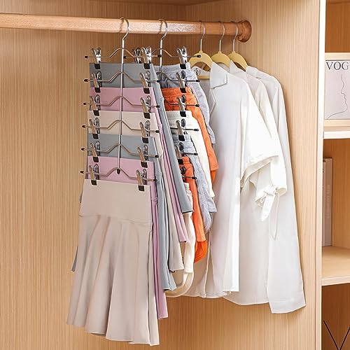 Multi Layer Pants Hangers, 6 Tier Skirt Hangers with Adjustable Clips, Non Slip Space Saving Closet Organizer Heavy Duty 360 Degree Swivel Hook, Great for Slack, Trouser, Jeans(Black) - size: 6 Tier