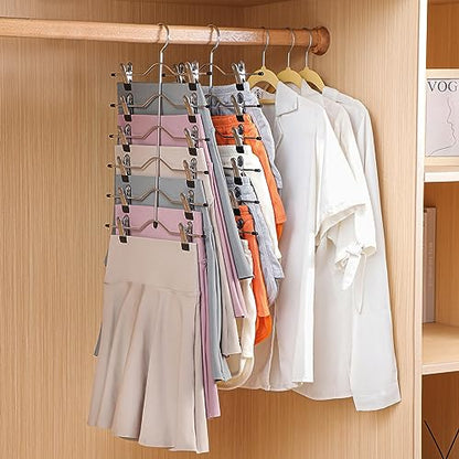 Multi Layer Pants Hangers, 6 Tier Skirt Hangers with Adjustable Clips, Non Slip Space Saving Closet Organizer Heavy Duty 360 Degree Swivel Hook, Great for Slack, Trouser, Jeans(Black) - size: 6 Tier