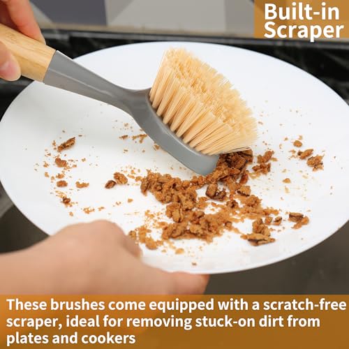 2 Pack Kitchen Dish Brush Bamboo Handle Dish Scrubber Built-in Scraper - style: Gray