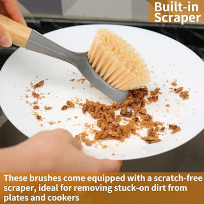2 Pack Kitchen Dish Brush Bamboo Handle Dish Scrubber Built-in Scraper - style: Gray