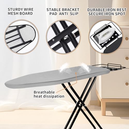 Ironing Board, 43x14 Inch Iron Board with Steam Rest, Heavy Duty Metal Frame Legs Ironing Table with Heat Resistant Cover Mat, Foldable Full Size Hanger Ironing Stand (Grey, 52" L x 14" W x 34.6" H) - color: Gray