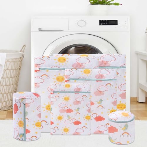 Mesh Laundry Bag Set with Zipper, 6 Sizes for Delicates - color: Rainbow Bird