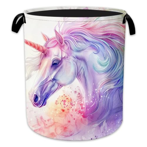 Rainbow Unicorn Laundry Basket, Foldable Oxford Cloth Fantasy Horse Laundry Hamper with Handles, Tote Bag Clothes Storage Bucket for Laundry Room/Bathroom/Bedroom/Dormitories 20.8"x16" - color: Rainbow Unicorn