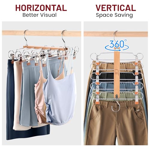 2 Pack Skirt Hangers with Clips, Space Saving Beechwood 5 Tier Pants Hangers with 360° Swivel Hook, Closet Organizer for Skirts, Pants, Tank Top-College Dorm Room Essentials (Wood Color)