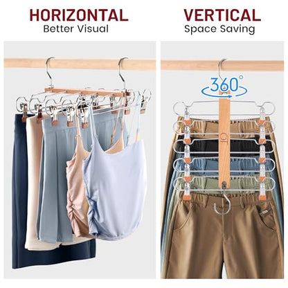 2 Pack Skirt Hangers with Clips, Space Saving Beechwood 5 Tier Pants Hangers with 360° Swivel Hook, Closet Organizer for Skirts, Pants, Tank Top-College Dorm Room Essentials (Wood Color)