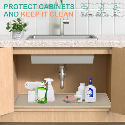 Silicone Under Sink Mat, 28"x19", Waterproof Cabinet Liner, Beige - color: Beige, size: 19"W x 28"L