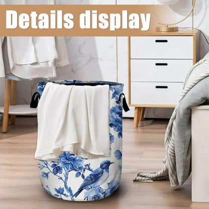 Blue Flower Bird Laundry Basket, Foldable Waterproof Laundry Hamper Tote Bag Dirty Clothes Storage Bucket Organizer for Bathroom/Laundry/Bedroom 15.7"x19.6" - color: Blue Bird Flower
