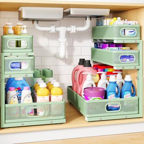 Under Sink Organizer, 3-Tier Thickened Metal Pull out Cabinet Organizer Shelf, Height Adjustable Slide out Storage Drawer Rack for Kitchen Bathroom Pantry Laundry Home Organization, 2-Pack, Green - color: Green, size: 2-Pack