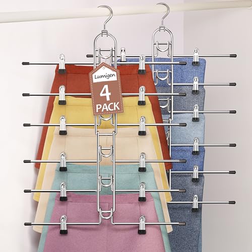 Pants & Skirt Hangers with Clips, Newly Upgraded Detachable - Space Saving Hangers, 6-Tiers Foldable Skirt Hangers for Women - Hanging Closet Organizer and Storage - 4 Pack, Patent Pending - color: Silver-6 Layers, size: 4pcs