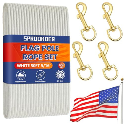 sprookber 50Ft Flagpole Rope Kit 5/16" Nylon Halyard with Swivel Snap Hook - color: White, size: 50FT