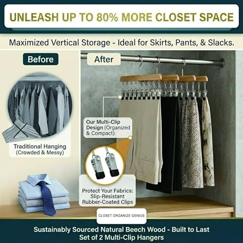 Multi-Functional Closet Organizer with 10 Clips, Space Saving Wooden Hanger for Pants, Leggings, Skirts, Scarves, Hats, Tanks, Socks (2Pcs, Wood) - color: Wood