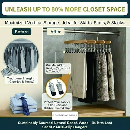 Multi-Functional Closet Organizer with 10 Clips, Space Saving Wooden Hanger for Pants, Leggings, Skirts, Scarves, Hats, Tanks, Socks (2Pcs, Wood) - color: Wood