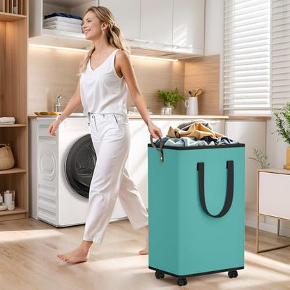 SpaceTrove Rolling Laundry Basket with Wheels, Laundry Hamper, 100L, Green - color: Green, size: 100L