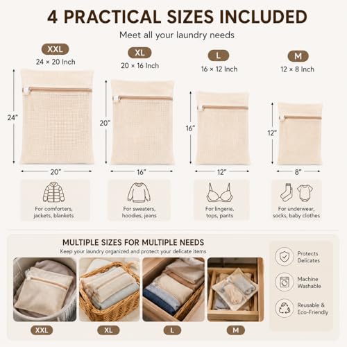 100% Cotton Mesh Laundry Bags, Rust-Proof Zipper Wash Bags for Delicates, Natural Undyed Bags for Lingerie, Sweaters and Baby Clothes, Set of 4 (Natural Cotton, XXL × XL × L × M) - size: XXL × XL × L × M