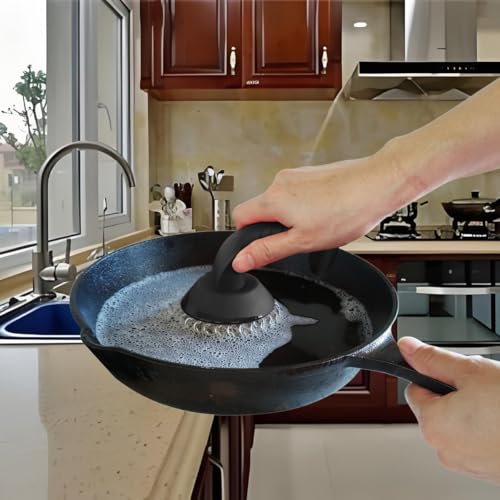 Cast Iron Scrubber with Pan Scraper & Towl, 316 Chainmail Scrubber with Long Handle, Upgraded Chain Mail Scrubber Cleaner for Grill Pan Skillet Wok Carbon Steel Dutch Oven Metal Brush (Black) - color: Black