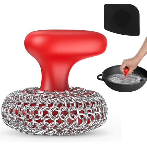 Cast Iron Scrubber Dish Scrub Brush 316 Chainmail Scrubber for Cast Iron - color: Red
