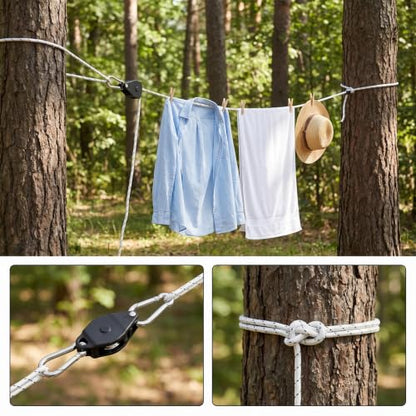 Retractable Travel Clothesline, 13FT Adjustable Heavy Duty Clothes Line Outdoors with Stainless Steel Carabiners & Pulleys Portable Clotheslines for Camping Backyard Balcony Travel (White)
