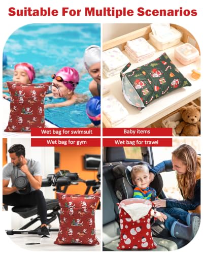ALVA 3 Pack Wet Dry Bags for Cloth Diapers, Swimsuits & Gym Clothes, Waterproof Reusable Baby Diaper Bag with 2-Zippered Compartments, Hanging Strap, Machine Washable, Medium for Dayca - color: Christmas Coloe 52