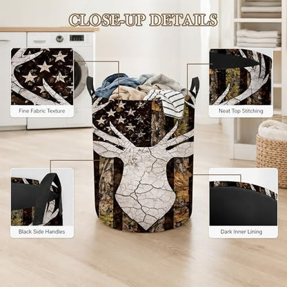 Laundry Hamper, Deer Antlers Collapsible Camo Flag Laundry Baskets Waterproof Oxford Cloth With Handles, Clothes Storage Bucket For Bathroom/Bedroom 16" x 20.8" - color: Deer Antlers