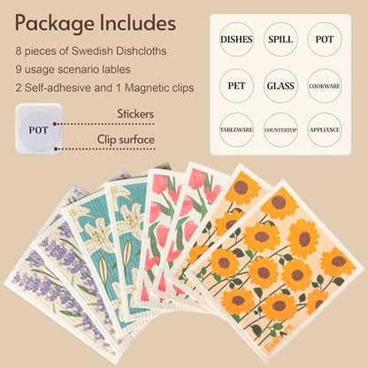 Eulnars Swedish Dishcloths for Kitchen, 8 Pack Flower Reusable Paper Towels Washable, Non-Scratch Swedish Kitchen Towels, Super Absorbent Cellulose Dish Cloths, Eco Friendly Gifts - color: Sunflower