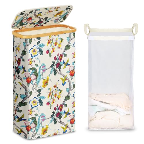 efluky Slim Laundry Basket with Lid, Narrow Laundry Hamper with Removable Bag, Skinny Dirty Clothes Basket with Bamboo Handles for Bathroom, Bedroom & Laundry Room, 75L Floral - color: Floral, size: 75L