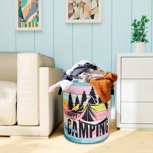 Happy Camping Laundry Basket Mountains Forest Oxford Cloth Laundry Hamper - color: Happy Camping