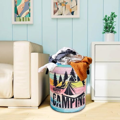 Happy Camping Laundry Basket Mountains Forest Oxford Cloth Laundry Hamper - color: Happy Camping