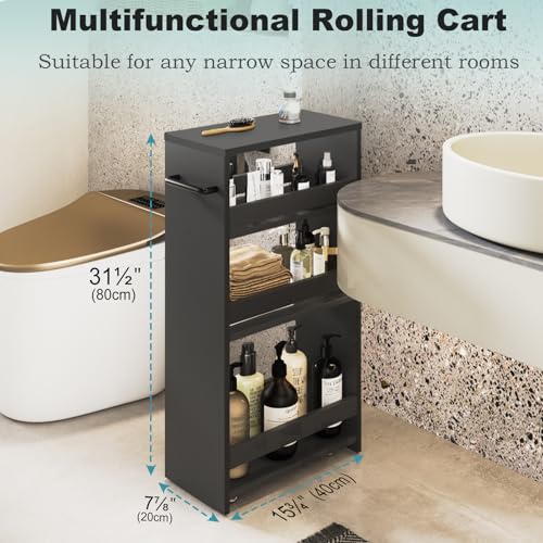 MARTY Slim Rolling Storage Cart, Wood Utility Kitchen Bathroom Laundry Cart - color: All Black, size: 7.9"D x 15.75"W x 31.5"H