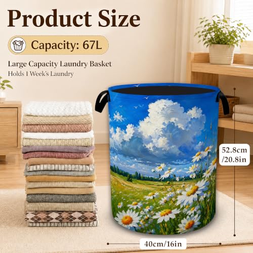 Sunny Daisy Meadow Laundry Basket with Handles, Foldable Tall Oxford Clothes Hamper, Lightweight Water-Resistant Storage Bin for Bedroom Bathroom College Dorm, 16 x 20.8 Inch - color: Sunny Daisy Meadow