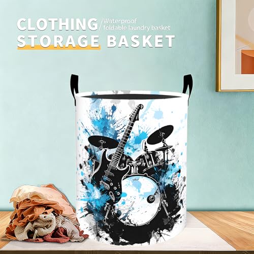 Rock Music Laundry Basket Hamper for Boys Girls Kids Adults, Foldable Waterproof Oxford Clothes Storage Bin, Electric Guitar Drum Set Music Organizer for Bedroom Bathroom Room Decor 19.7"x15.7" - style: Rock Music