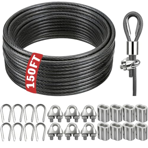 NAZOU 3/16 Inch Coated Steel Wire Rope, Hanging String Lights, Clotheslines - color: Gray, size: 150FT