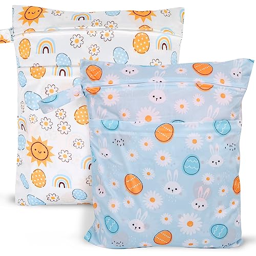 2pcs Travel Waterproof Laundry Bag, Cloth Diaper Wet Dry Bags with Handle 2 Zipper Pockets Washable Dirty Clothes Travelling Hanging Bathing Beach Daycare Yoga Gym Sports Exercise Swimsuits - color: Cartoon 3 White + Blue