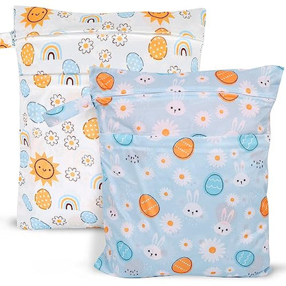 2pcs Travel Waterproof Laundry Bag, Cloth Diaper Wet Dry Bags with Handle 2 Zipper Pockets Washable Dirty Clothes Travelling Hanging Bathing Beach Daycare Yoga Gym Sports Exercise Swimsuits - color: Cartoon 3 White + Blue
