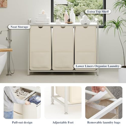 Garvee Laundry Basket Organizer, Laundry Hamper with Shelf & 3 Pull-Out Removable Oxford Fabric Bags, 3 x 12.8 Gal (48.5L), Dirty Clothes Basket Organizer for Laundryroom, Bathroom, Bedroom