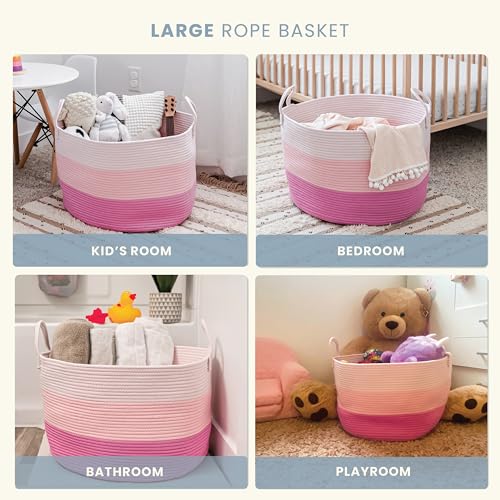 OrganiHaus Round Toy Basket & Blanket Basket, Cotton Rope 20x13" - color: 3-toned Pink, size: Wide