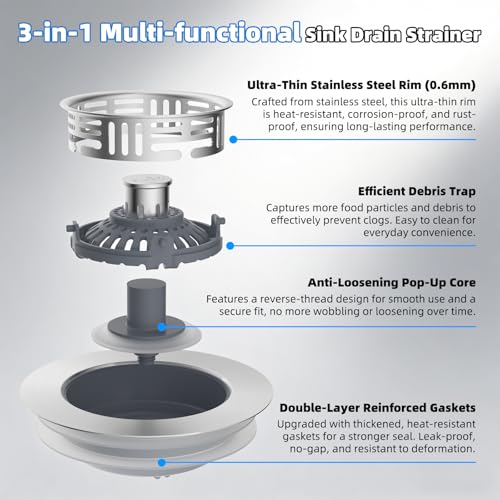 Hibbent 3 in 1 Kitchen Sink Drain Strainer, Metal Pop Up Stopper - color: Brushed Stainless Steel