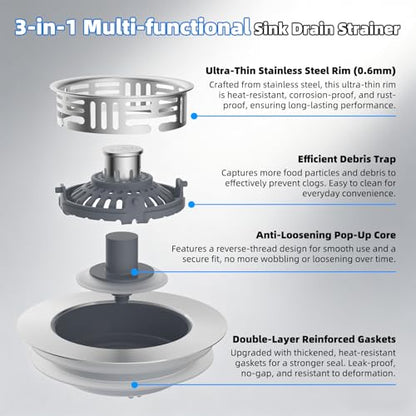 Hibbent 3 in 1 Kitchen Sink Drain Strainer, Metal Pop Up Stopper - color: Brushed Stainless Steel