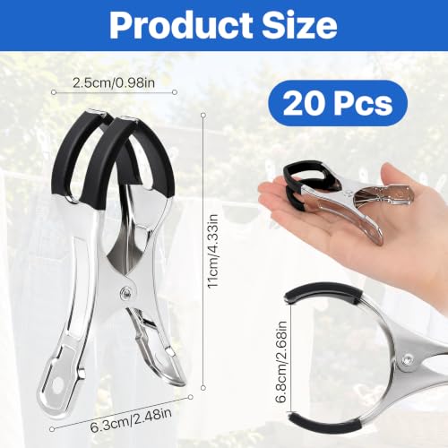 20 Pcs Large Metal Clothespins, 4.33 Inch Heavy Duty Stainless Steel Beach Chair Towel Clips with Anti-Scratch Claw, Windproof Strong Spring Pool Cover Clips for Outdoor Clothesline Tablecloths