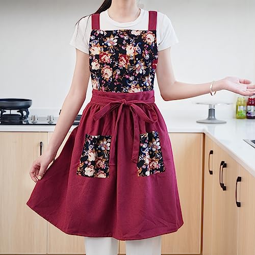Pinknoke Vintage Pinafore Aprons for Women with Pockets for Kitchen - color: Claret