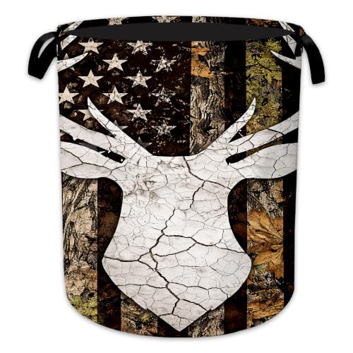 Laundry Hamper, Deer Antlers Collapsible Camo Flag Laundry Baskets Waterproof Oxford Cloth With Handles, Clothes Storage Bucket For Bathroom/Bedroom 16" x 20.8" - color: Deer Antlers