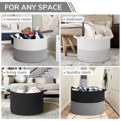 INDRESSME 115L Extra Large Woven Rope Blanket Basket Living Room Black Grey - color: Black & Grey, size: 23.6"D x 15.7"H
