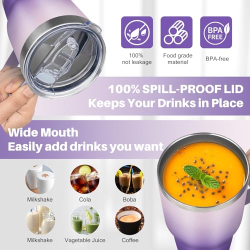 30 oz Tumbler with Handle, Stainless Steel Insulated Tumbler with Lid and Straw, Double Wall Vacuum Coffee Mug Tumbler, Insulated Coffee Thermal Cup for Cold and Hot (Light Dark Purple) - color: Light Dark Purple, size: 30 Ounces